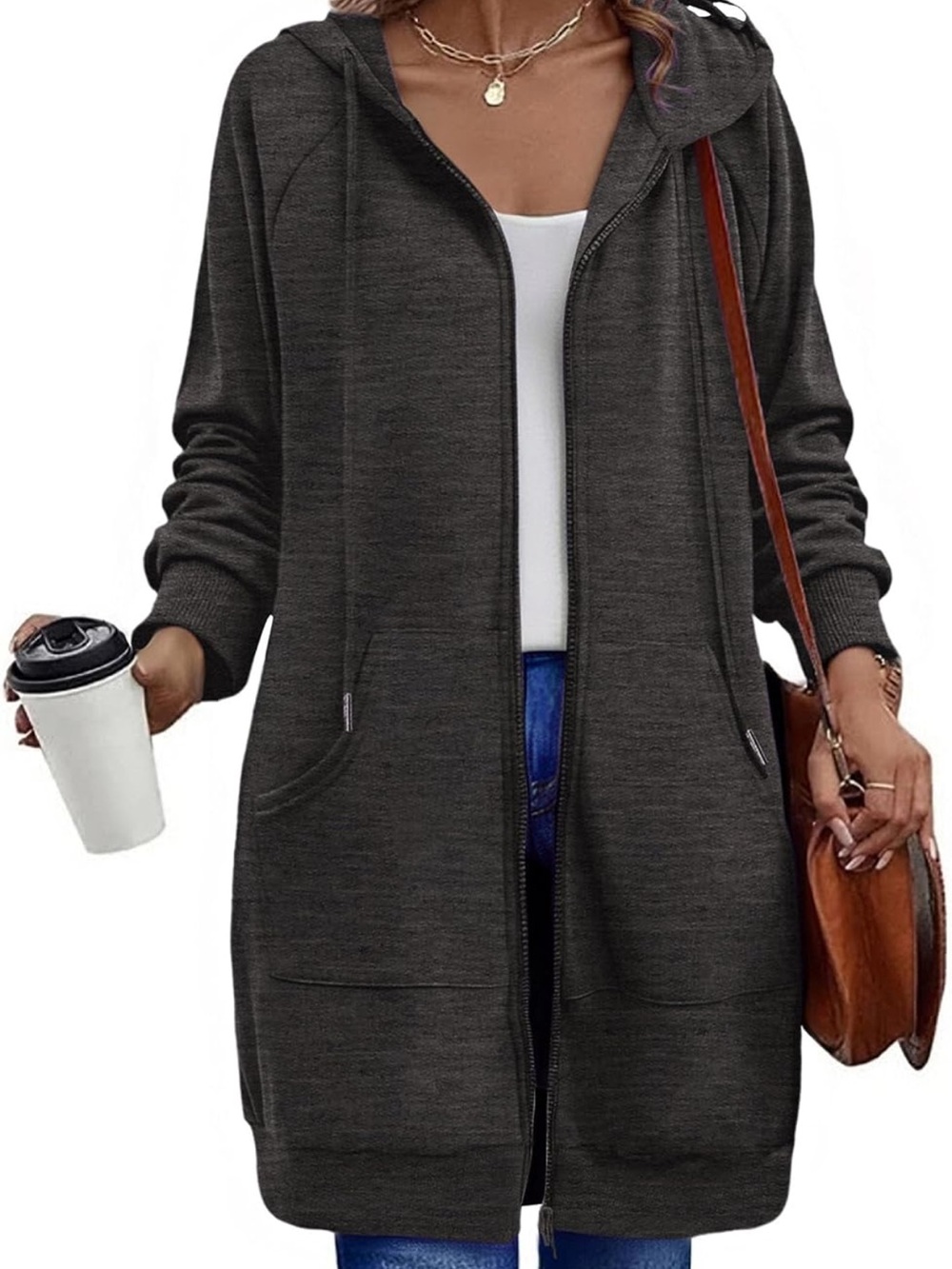 Zeagoo Long Hooded Zip-Up Cardigan Jacket - Charcoal Gray Medium 8-10 new